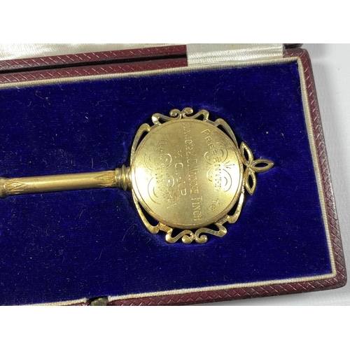 2 - A VAUGHTON & SONS BIRMINGHAM HALLMARKED SILVER GILT KEY PRESENTED FOR THE OPENING OF THE NEW COUNCIL... 