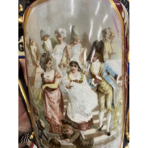 20A - TWO ITEMS - A LARGE CONTINENTAL HAND PAINTED VASE WITH FIGURAL DESIGN AND FURTHER ORIENTAL VASE