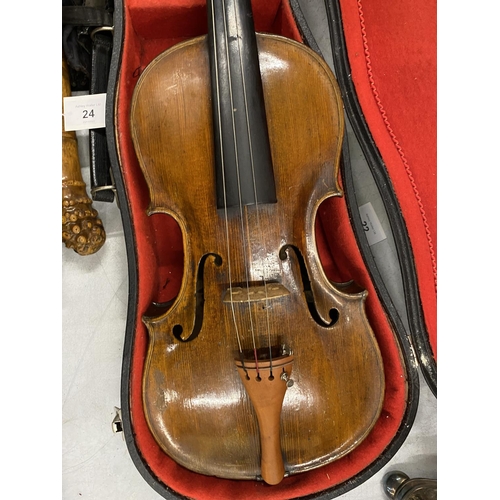 22 - A 19TH CENTURY CASED VIOLIN WITH PAPER LABEL TO INTERIOR - 'JOANNES GEORGIUS' (DATE DIFFICULT TO REA... 