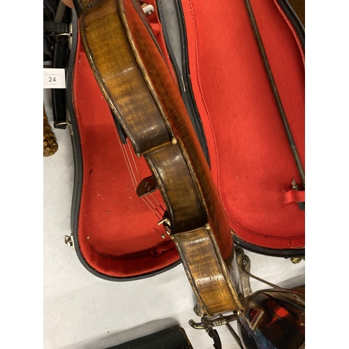 22 - A 19TH CENTURY CASED VIOLIN WITH PAPER LABEL TO INTERIOR - 'JOANNES GEORGIUS' (DATE DIFFICULT TO REA... 