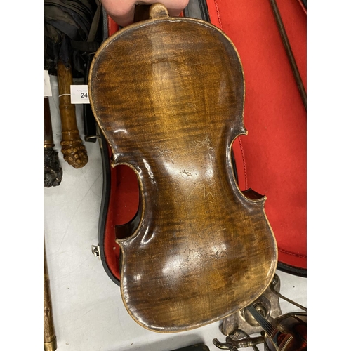 22 - A 19TH CENTURY CASED VIOLIN WITH PAPER LABEL TO INTERIOR - 'JOANNES GEORGIUS' (DATE DIFFICULT TO REA... 