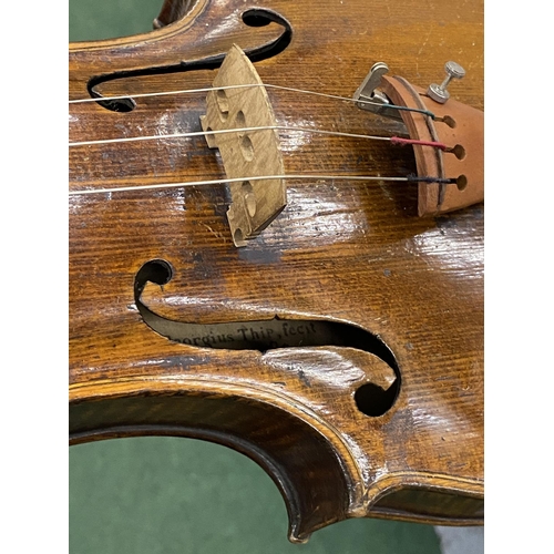 22 - A 19TH CENTURY CASED VIOLIN WITH PAPER LABEL TO INTERIOR - 'JOANNES GEORGIUS' (DATE DIFFICULT TO REA... 