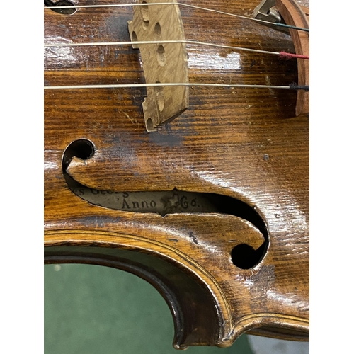 22 - A 19TH CENTURY CASED VIOLIN WITH PAPER LABEL TO INTERIOR - 'JOANNES GEORGIUS' (DATE DIFFICULT TO REA... 