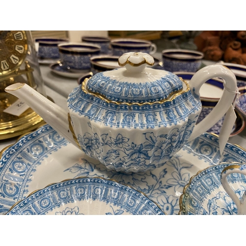 31 - A 19TH CENTURY COPELAND SPODE TEA FOR TWO BLUE AND WHITE SET COMPRISING TEAPOT, CUPS AND SAUCERS, CR... 