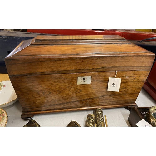 44 - A 19TH CENTURY ROSEWOOD SARCOPHAGUS SHAPED TEA CADDY WITH THREE INNER COMPARTMENTS, 22 X 35 X 17CM