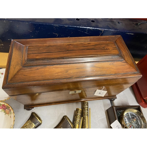 44 - A 19TH CENTURY ROSEWOOD SARCOPHAGUS SHAPED TEA CADDY WITH THREE INNER COMPARTMENTS, 22 X 35 X 17CM
