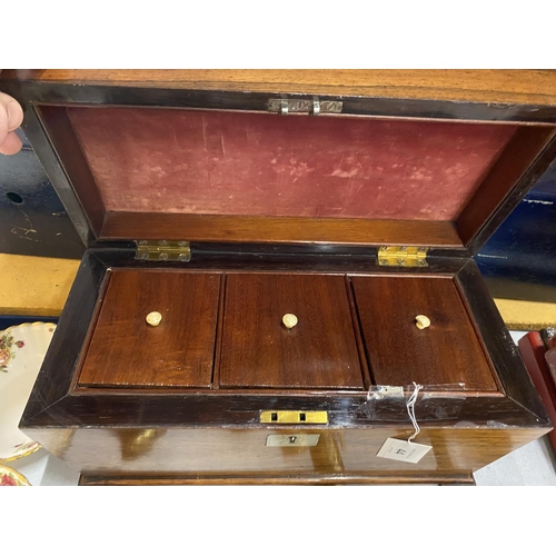 44 - A 19TH CENTURY ROSEWOOD SARCOPHAGUS SHAPED TEA CADDY WITH THREE INNER COMPARTMENTS, 22 X 35 X 17CM