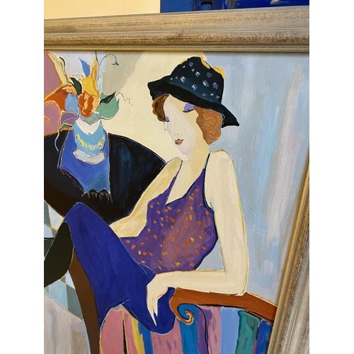 46 - MICHAEL FEENEY (20TH/21ST CENTURY) LADY SEATED BY A VASE OF FLOWERS, OIL ON CANVAS, SIGNED VERSO, 61... 