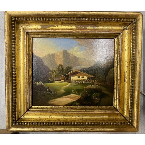 48 - A POSSIBLY SWISS 19TH CENTURY OIL ON PANEL OF A FARM CHALET IN MOUTAINEOUS LANDSCAPE