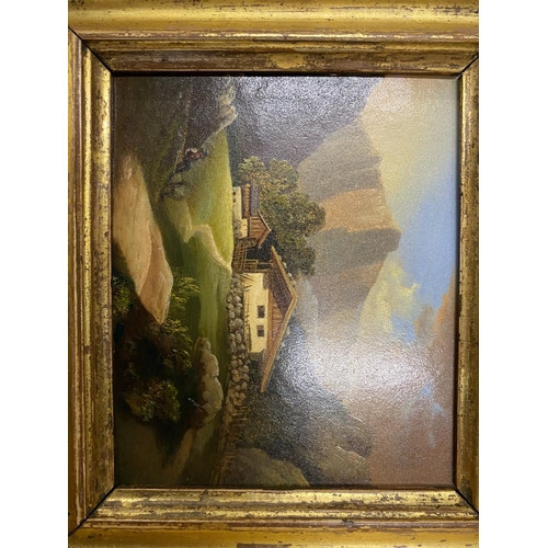 48 - A POSSIBLY SWISS 19TH CENTURY OIL ON PANEL OF A FARM CHALET IN MOUTAINEOUS LANDSCAPE