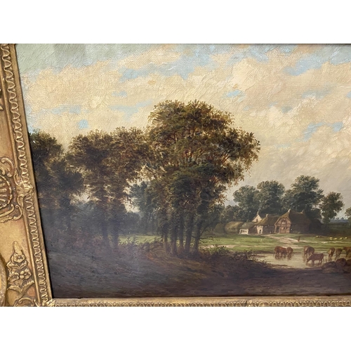 51 - A GILT FRAMED A.COLEMAN OIL ON CANVAS OF AN ENGLISH LANDSCAPE , RESTORED AND RELINED IN 1995