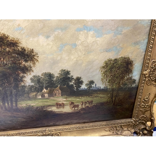 51 - A GILT FRAMED A.COLEMAN OIL ON CANVAS OF AN ENGLISH LANDSCAPE , RESTORED AND RELINED IN 1995