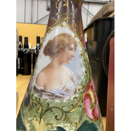 55 - A VICTORIAN HAND PAINTED VASE WITH LADY DESIGN CENTRAL PANEL