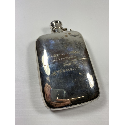 7A - A VICTORIAN HALLMARKED SILVER HIP FLASK, DATES TO LONDON 1872, WEIGHT 227G
