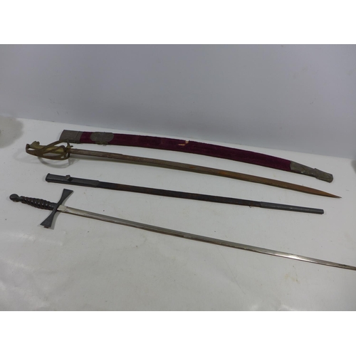 373 - A MASONIC SWORD AND SCABBARD, 70CM BLADE AND AN INDIAN SWORD AND SCABBARD (2)