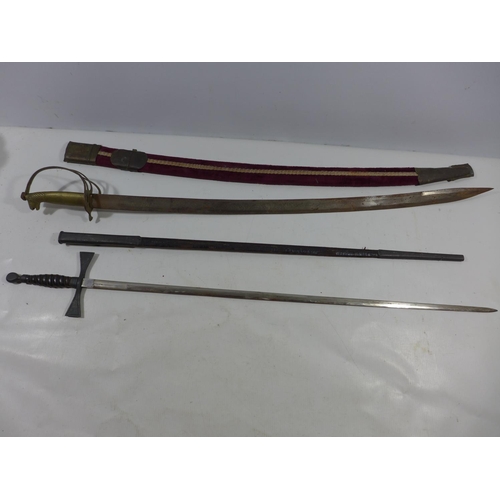 373 - A MASONIC SWORD AND SCABBARD, 70CM BLADE AND AN INDIAN SWORD AND SCABBARD (2)