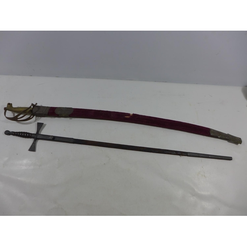 373 - A MASONIC SWORD AND SCABBARD, 70CM BLADE AND AN INDIAN SWORD AND SCABBARD (2)