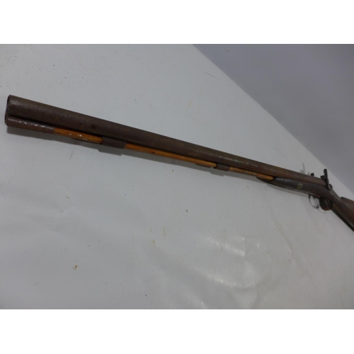 377 - A 12 BORE MUZZLE LOADING SIDE BY SIDE PERCUSSION CAP SHOTGUN, 73CM BARRELS