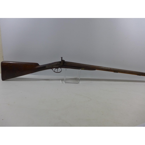 377 - A 12 BORE MUZZLE LOADING SIDE BY SIDE PERCUSSION CAP SHOTGUN, 73CM BARRELS