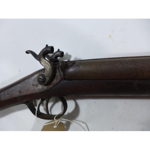 377 - A 12 BORE MUZZLE LOADING SIDE BY SIDE PERCUSSION CAP SHOTGUN, 73CM BARRELS