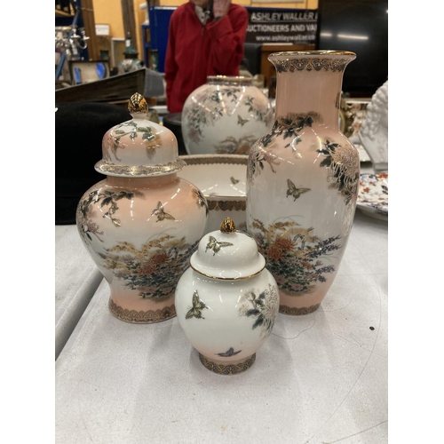 104 - FIVE PIECES OF ORIENTAL STYLE POTTERY TO INCLUDE BOWLS, VASES, GINGER JAR, ETC, IN PALE PEACH WITH A... 
