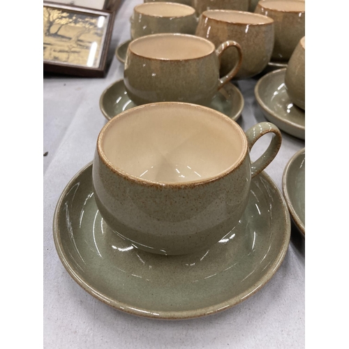 164 - A DENBY TEASET TO INCLUDE A TEAPOT, CREAM JUG, SUGAR BOWL AND CUPS AND SAUCERS