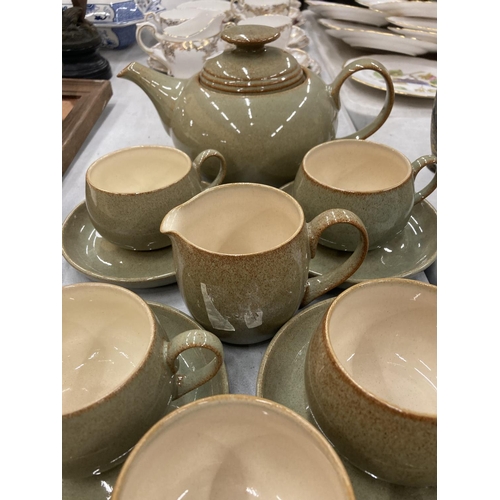 164 - A DENBY TEASET TO INCLUDE A TEAPOT, CREAM JUG, SUGAR BOWL AND CUPS AND SAUCERS