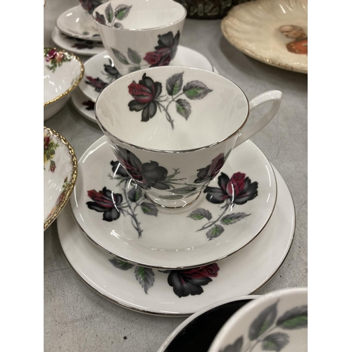 186 - A QUANTITY OF ROYAL ALBERT CHINA TO INCLUDE 'MASQUERADE' CUPS AND SAUCERS, 'OLD COUNTRY ROSES' BOWLS... 