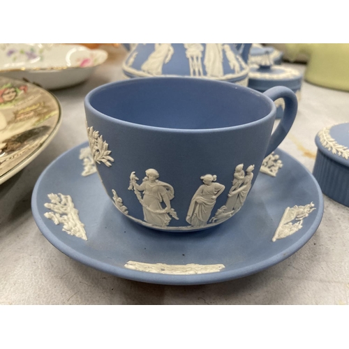 80 - A QUANTITY OF WEDGWOOD JASPERWARE TO INCLUDE TEA AND COFFEE POT, BOWL, JUG, LIDDED POTS, CUP AND SAU... 