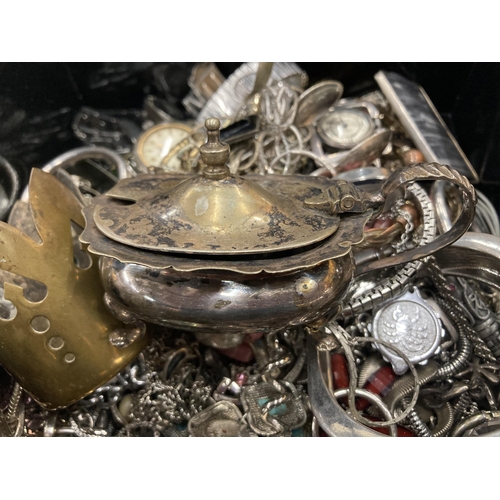 110 - A MIXED COLLECTION OF WHITE METAL ITEMS TO INCLUDE WATCHES, BANGLES, NECKLACES, SUGAR TONGS, MUSTARD... 