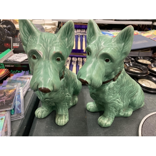 134 - TWO LARGE GREEN SYLVAC STYLE DOGS HEIGHT 23CM - BOTH A/F