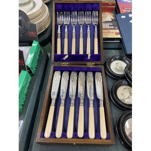 135 - A MAHOGANY CASED VINTAGE SET OF FISH KNIVES AND FORKS