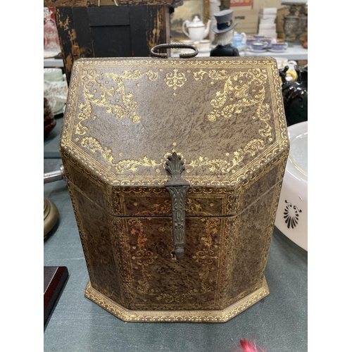140 - A LATE 19TH/EARLY 20TH CENTURY PAPIER MACHE LETTER BOX WITH SILK LINING AND GILT TOOLING