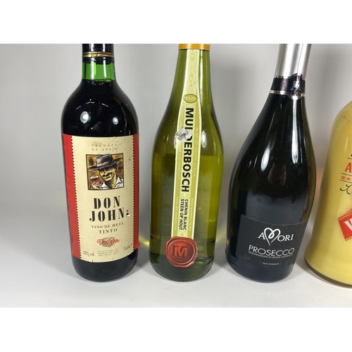 392 - 3 X MIXED BOTTLES - DON JOHN, AORI PROSECCO, ADVOCAAT, PLENO ROSE & SOUTH AFRICAN CHENIN BLANC