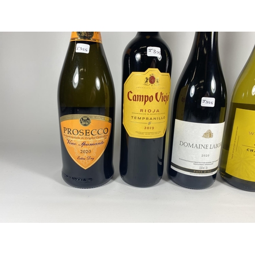 395 - 5 X MIXED 75CL BOTTLES - PROSECCO, SAMPO VIEJO, DOMAINE LABORIE, WOLF BLASS CHARDONNAY & MUSCAT