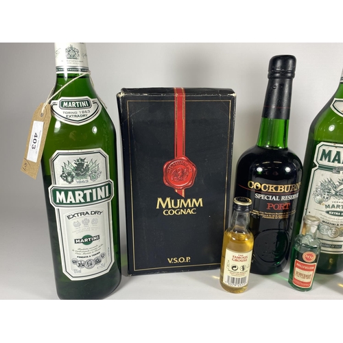 403 - A LARGE MIXED LOT - 2 X MARTINIS, MUMM COGNAC, MINIATURES ETC