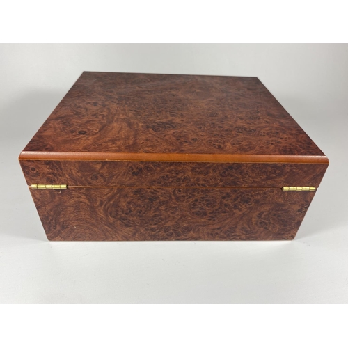 413 - A WALNUT EFFECT WOODEN CIGAR HUMIDOR WITH FRONT HYDROMETER