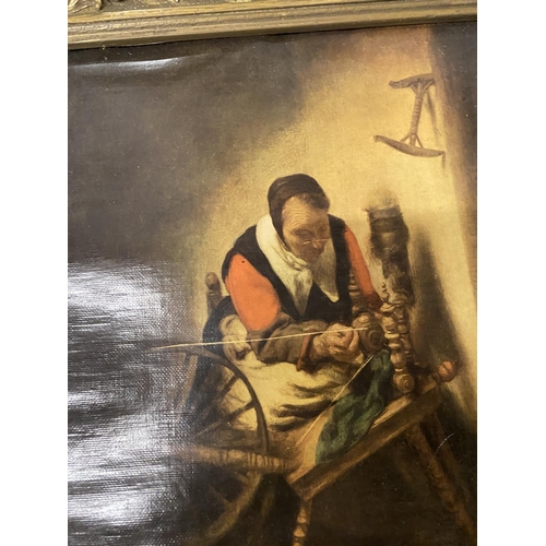 1098 - AFTER NICOLAES MAES (1632-1693) GILT FRAMED PRINT OF A MAN WITH SPINNING WHEEL