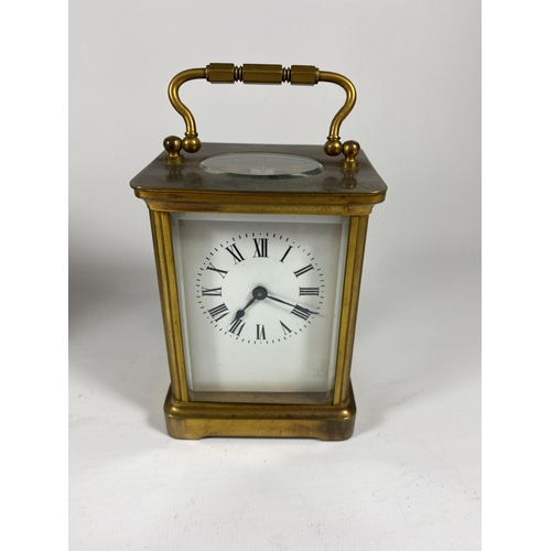 1 - A 19TH CENTURY BRASS CASED, PROBABLY FRENCH, CARRIAGE CLOCK IN ORIGINAL LEATHER CASE, HEIGHT 14CM