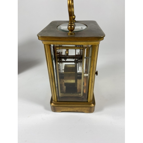 1 - A 19TH CENTURY BRASS CASED, PROBABLY FRENCH, CARRIAGE CLOCK IN ORIGINAL LEATHER CASE, HEIGHT 14CM