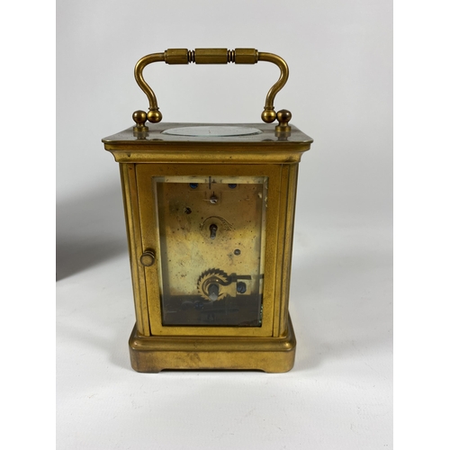 1 - A 19TH CENTURY BRASS CASED, PROBABLY FRENCH, CARRIAGE CLOCK IN ORIGINAL LEATHER CASE, HEIGHT 14CM