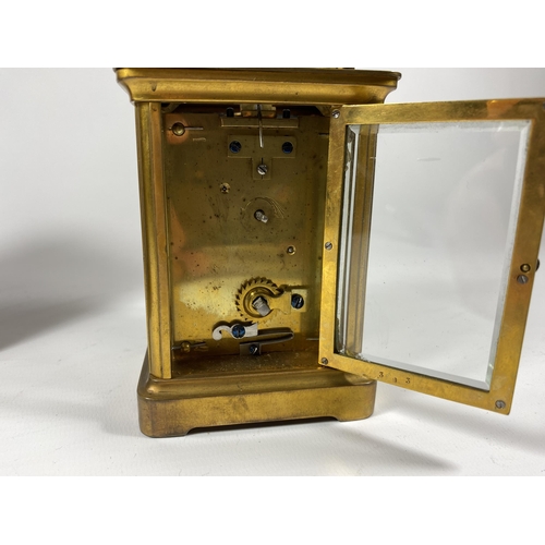 1 - A 19TH CENTURY BRASS CASED, PROBABLY FRENCH, CARRIAGE CLOCK IN ORIGINAL LEATHER CASE, HEIGHT 14CM