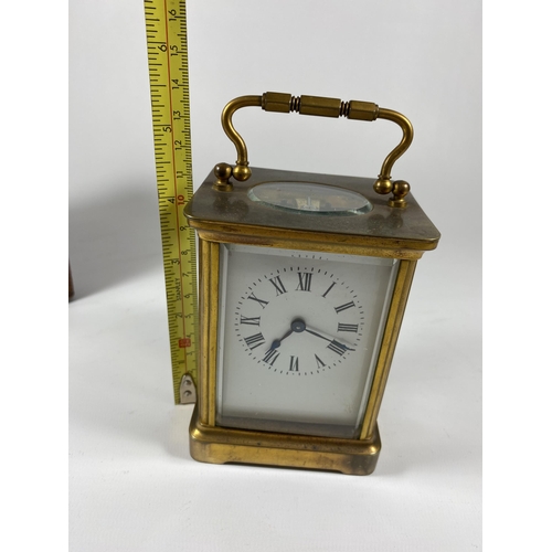 1 - A 19TH CENTURY BRASS CASED, PROBABLY FRENCH, CARRIAGE CLOCK IN ORIGINAL LEATHER CASE, HEIGHT 14CM