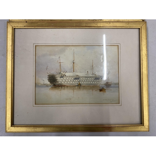 11 - A PAIR OF 19TH CENTURY MARITIME / NAVAL WATERCOLOURS OF H.M.S EXCELLENT & H.M.S CAMBRIDGE, SIGNED LO... 