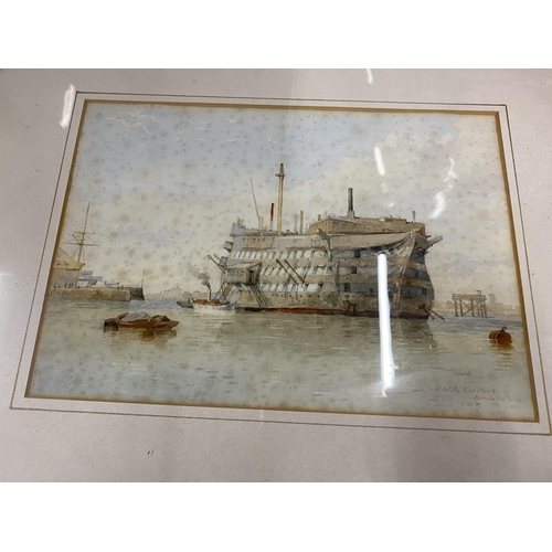 11 - A PAIR OF 19TH CENTURY MARITIME / NAVAL WATERCOLOURS OF H.M.S EXCELLENT & H.M.S CAMBRIDGE, SIGNED LO... 