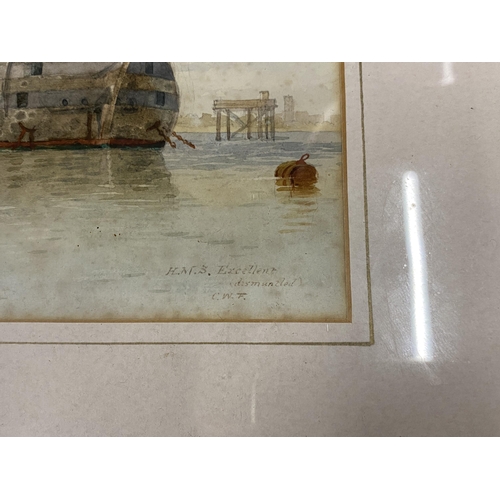 11 - A PAIR OF 19TH CENTURY MARITIME / NAVAL WATERCOLOURS OF H.M.S EXCELLENT & H.M.S CAMBRIDGE, SIGNED LO... 