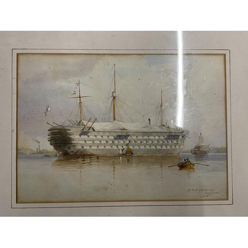 11 - A PAIR OF 19TH CENTURY MARITIME / NAVAL WATERCOLOURS OF H.M.S EXCELLENT & H.M.S CAMBRIDGE, SIGNED LO... 