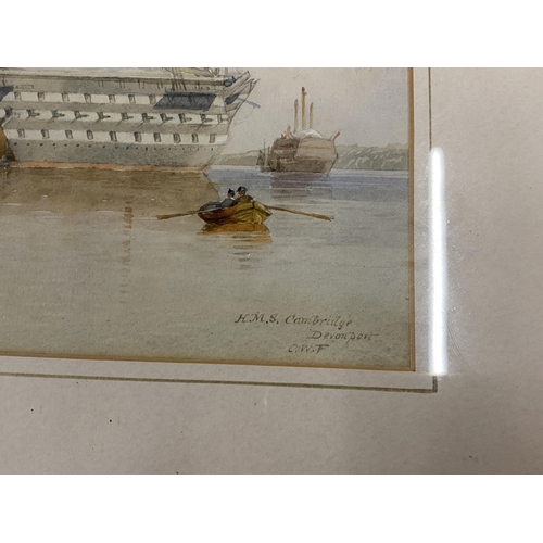 11 - A PAIR OF 19TH CENTURY MARITIME / NAVAL WATERCOLOURS OF H.M.S EXCELLENT & H.M.S CAMBRIDGE, SIGNED LO... 