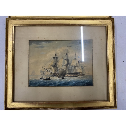 12 - A PAIR OF EARLY 20TH CENTURY MARITIME / NAVAL GILT FRAMED WATERCOLOURS OF SHIPS, LABELS VERSO, 24 X ... 