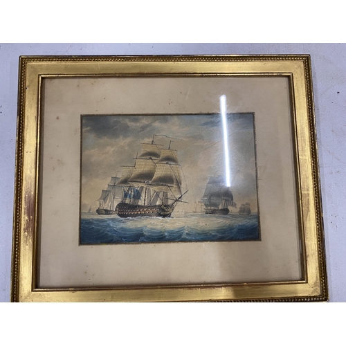 12 - A PAIR OF EARLY 20TH CENTURY MARITIME / NAVAL GILT FRAMED WATERCOLOURS OF SHIPS, LABELS VERSO, 24 X ... 